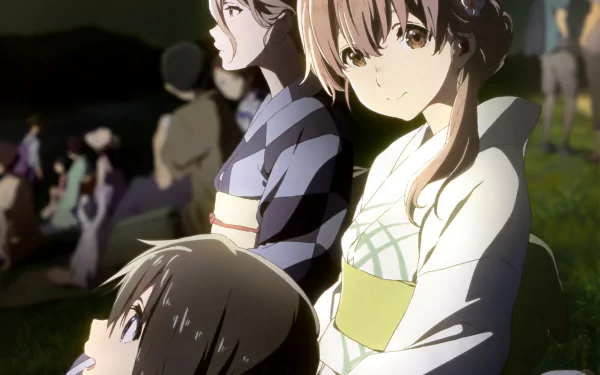 Anime HD wallpaper from A Silent Voice featuring Yae Nishimiya, Shouko Nishimiya, and Yuzuru Nishimiya in a serene night setting.