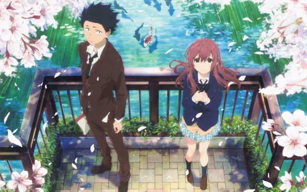 Shouya Ishida and Shouko Nishimiya from A Silent Voice stand on a bridge with cherry blossoms in bloom around them. HD anime desktop wallpaper and background.