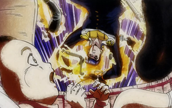 HD PC desktop wallpaper of Josuke Higashikata (JoJo's Bizarre Adventure): dynamic anime scene of him descending with a golden aura/Stand above shocked bystanders.