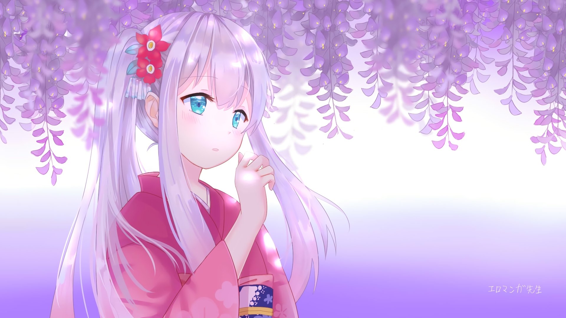 HD desktop wallpaper featuring Sagiri Izumi from EroManga-Sensei anime. She is depicted in a serene environment with purple hanging flowers, wearing a red kimono adorned with cherry blossoms.