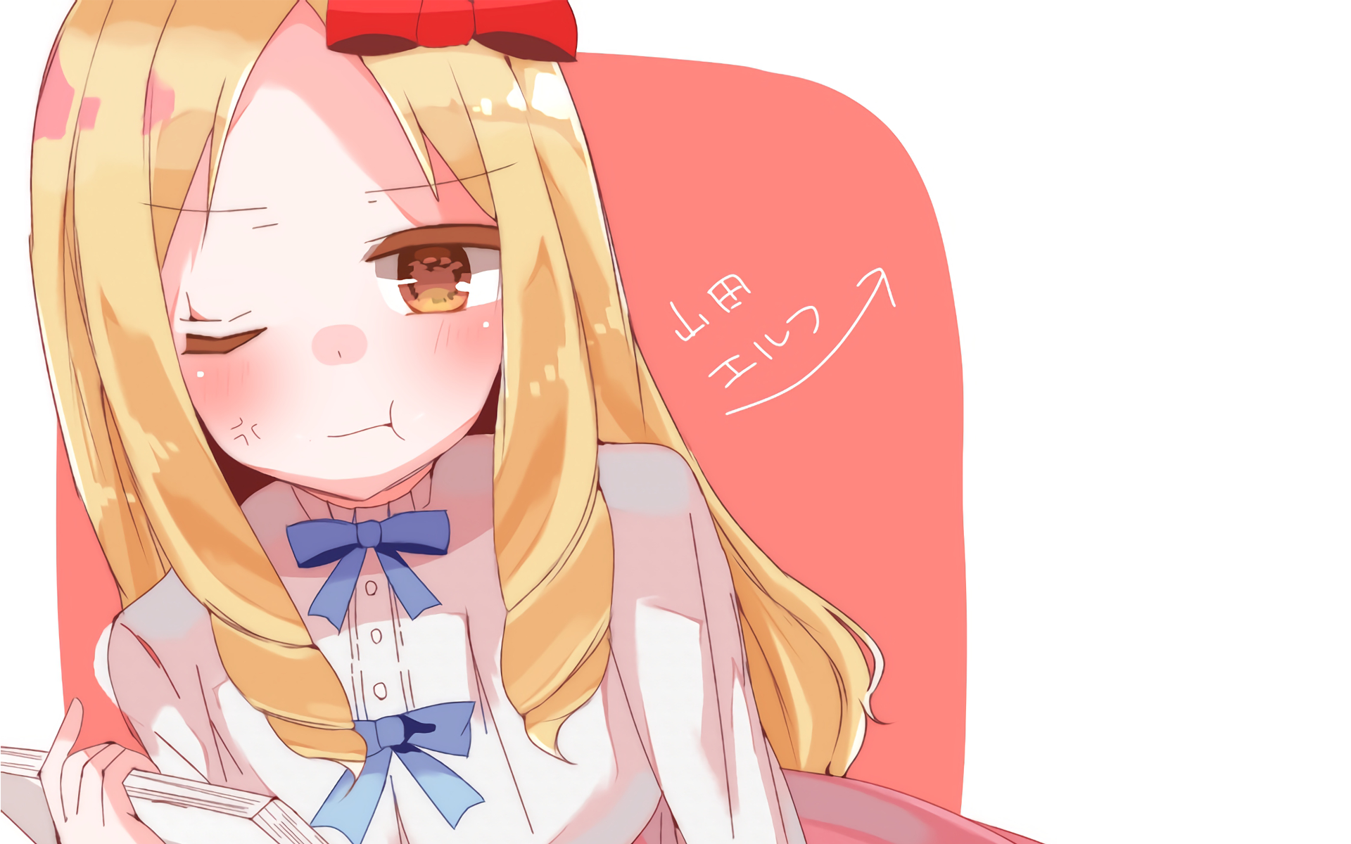 HD PC desktop wallpaper featuring Elf Yamada from the anime EroManga-Sensei, showcasing her with a blonde hair, red bow, and blue ribbon on a soft coral background.