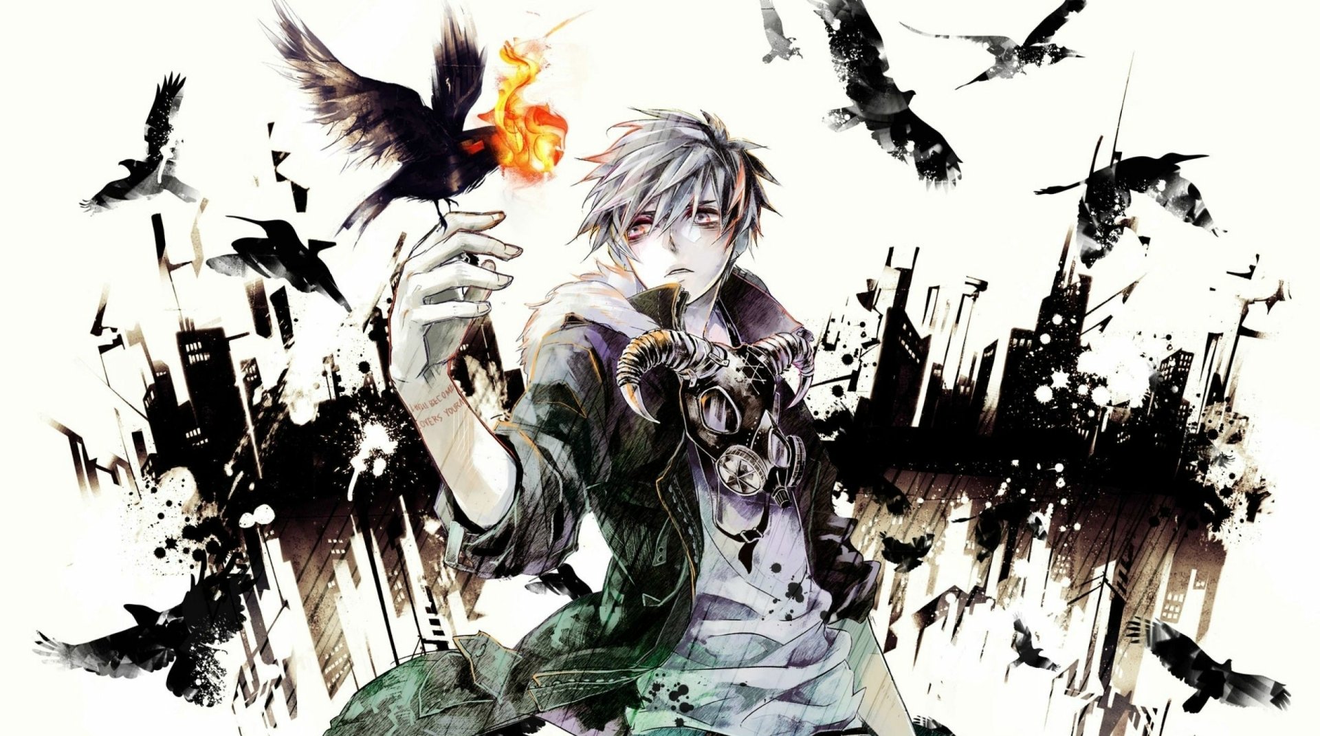 HD anime wallpaper featuring an original character in a gas mask holding a fiery bird, with birds flying and a cityscape in the background.
