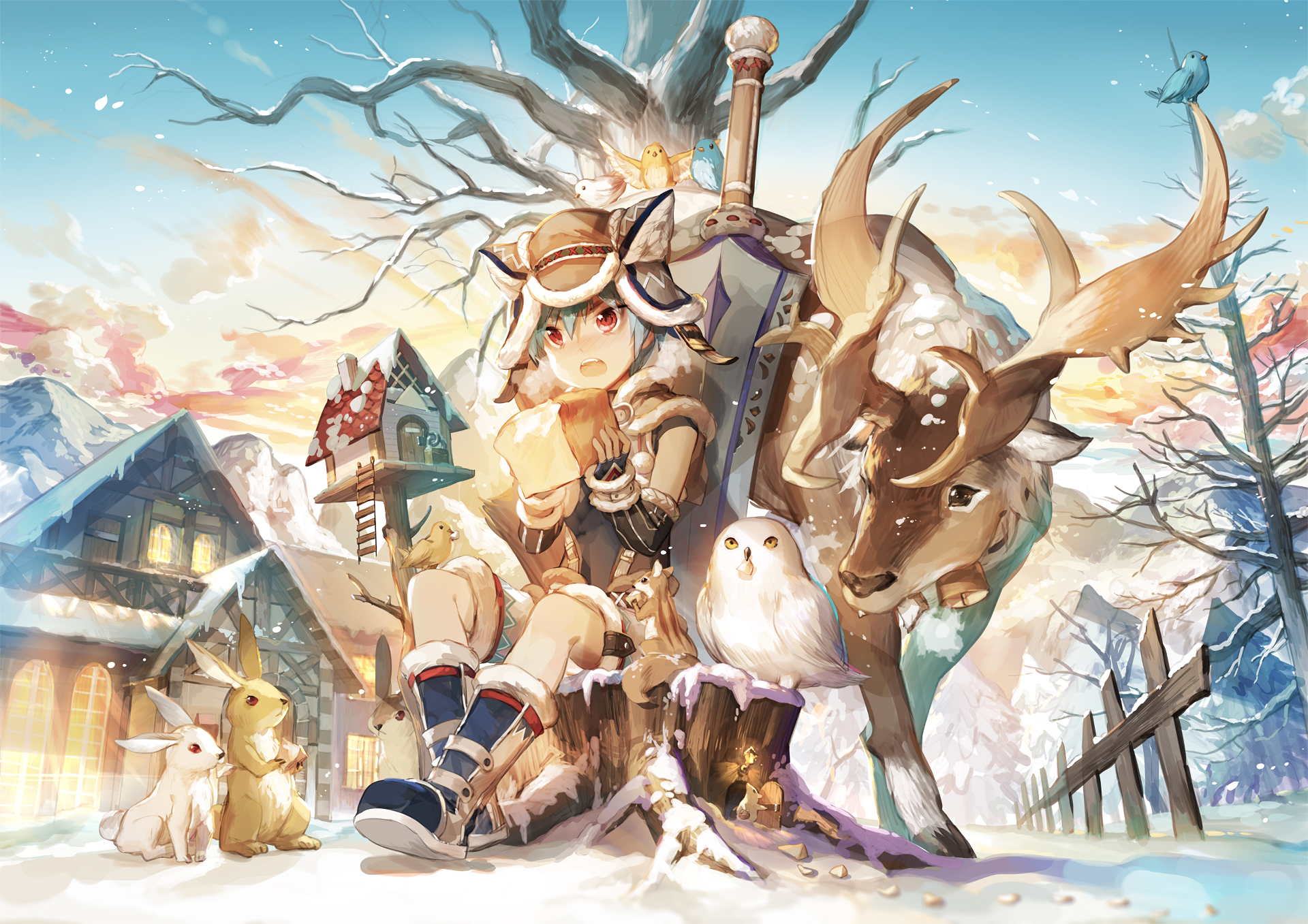 HD PC desktop wallpaper featuring a snowy scene from the video game Elsword with a character, owl, and reindeer under a tree near a cozy house.