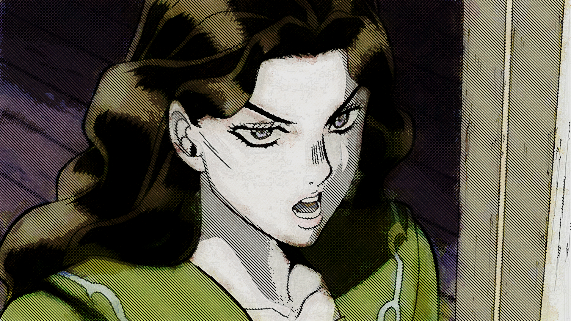 Yukako Yamagishi from JoJo's Bizarre Adventure, mid-shot glaring, dark wavy hair and green outfit, stylized HD anime desktop wallpaper.