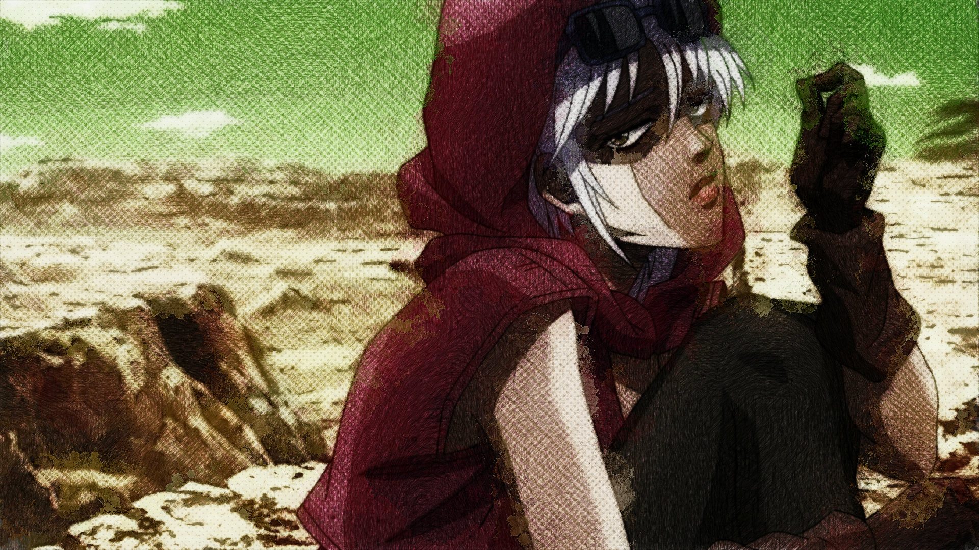 Mariah from JoJo's Bizarre Adventure: Stardust Crusaders — white-haired anime character in a red hood, sitting in a barren desert. HD PC desktop wallpaper/background.