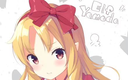 HD PC desktop wallpaper featuring Elf Yamada from the anime EroManga-Sensei, showcasing her with blonde hair, a red bow, and expressive eyes.