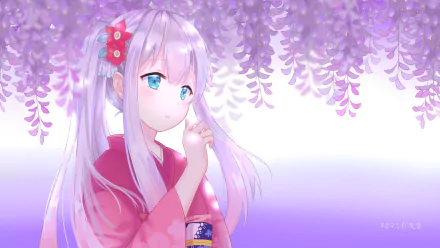 HD desktop wallpaper featuring Sagiri Izumi from EroManga-Sensei anime. She is depicted in a serene environment with purple hanging flowers, wearing a red kimono adorned with cherry blossoms.
