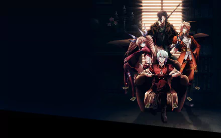 HD PC desktop wallpaper featuring characters from the anime Jikan no Shihaisha in a dark, dramatic setting with light streaming through blinds.