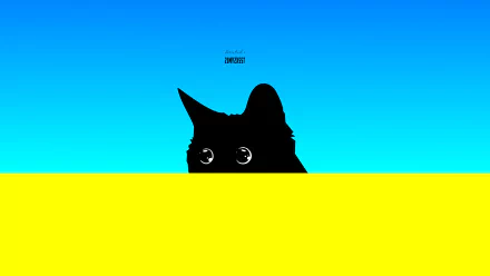 HD desktop wallpaper featuring a simple, minimalist design of a black kitten's silhouette peeking over a yellow surface with a blue gradient background.