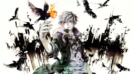HD anime wallpaper featuring an original character in a gas mask holding a fiery bird, with birds flying and a cityscape in the background.
