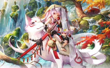 HD PC desktop wallpaper featuring a character from the video game Elsword riding a large white fox in a vibrant autumn forest scene.