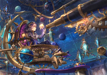 HD desktop wallpaper featuring a character from the video game Elsword, surrounded by intricate gears and machinery against a celestial background.