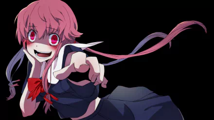 HD desktop wallpaper of Yuno Gasai from the anime Mirai Nikki, featuring her in a dark school uniform with pink hair, expressive red eyes, and a playful yet intense pose against a black background.