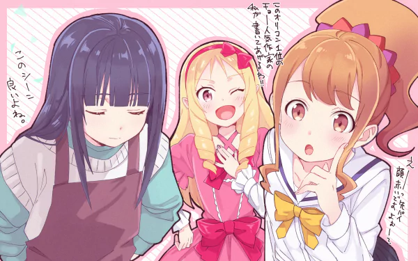 HD anime desktop wallpaper featuring Takasago Tomoe, Megumi Jinno, and Elf Yamada from EroManga-Sensei in a colorful, lively scene.