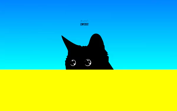 HD desktop wallpaper featuring a simple, minimalist design of a black kitten's silhouette peeking over a yellow surface with a blue gradient background.