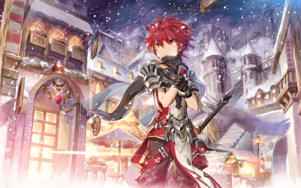 HD PC desktop wallpaper featuring a red-haired character from the video game Elsword standing in a snowy, illuminated town at night.