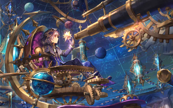 HD desktop wallpaper featuring a character from the video game Elsword, surrounded by intricate gears and machinery against a celestial background.