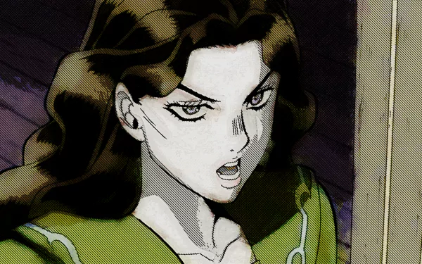 Yukako Yamagishi from JoJo's Bizarre Adventure, mid-shot glaring, dark wavy hair and green outfit, stylized HD anime desktop wallpaper.