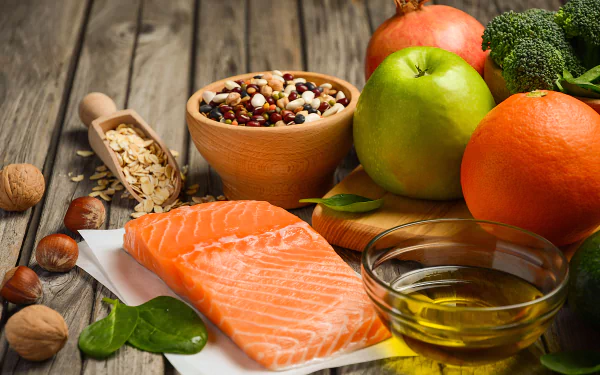 4K Ultra HD PC desktop wallpaper and background: still life food of a raw salmon fillet (fish) with apples, chestnuts, mixed beans and a bowl of oil on a rustic wooden table.