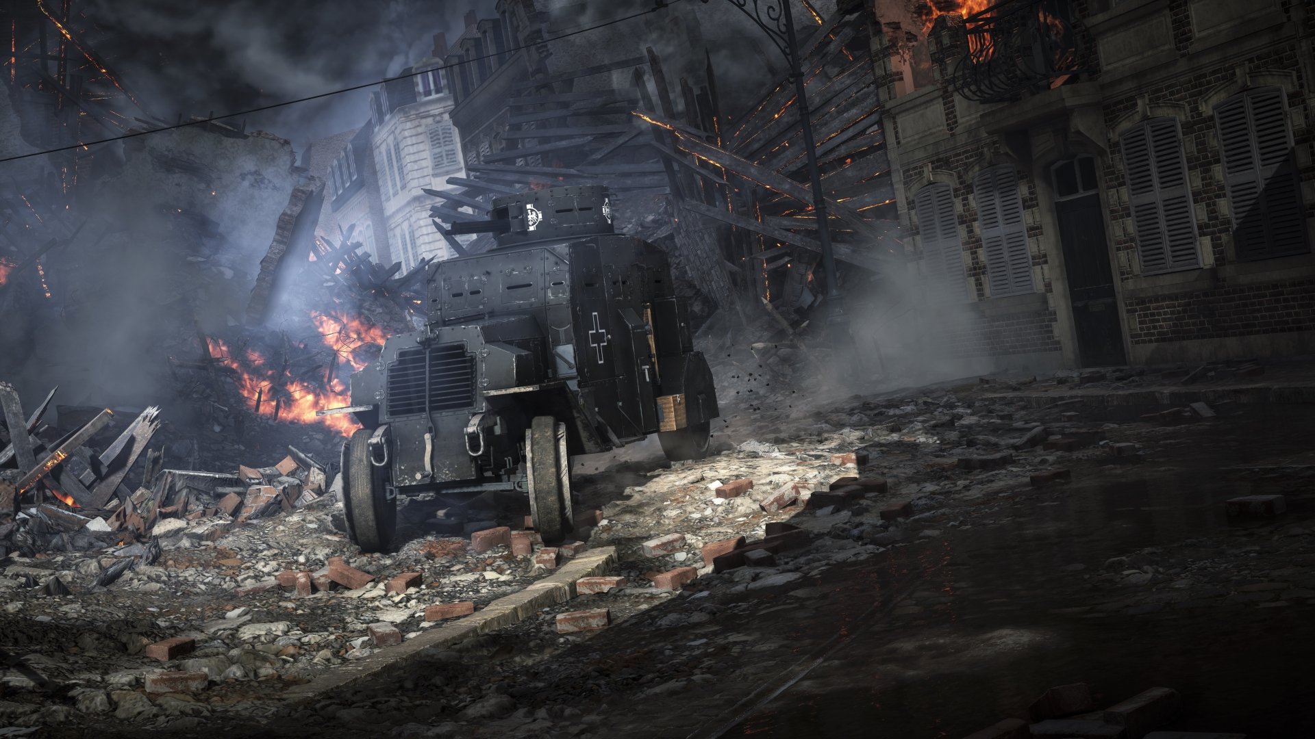 An intense Battlefield 1 scene featuring a military vehicle navigating a fiery, war-torn urban battlefield, rendered in 8K Ultra HD for PC desktop wallpaper.