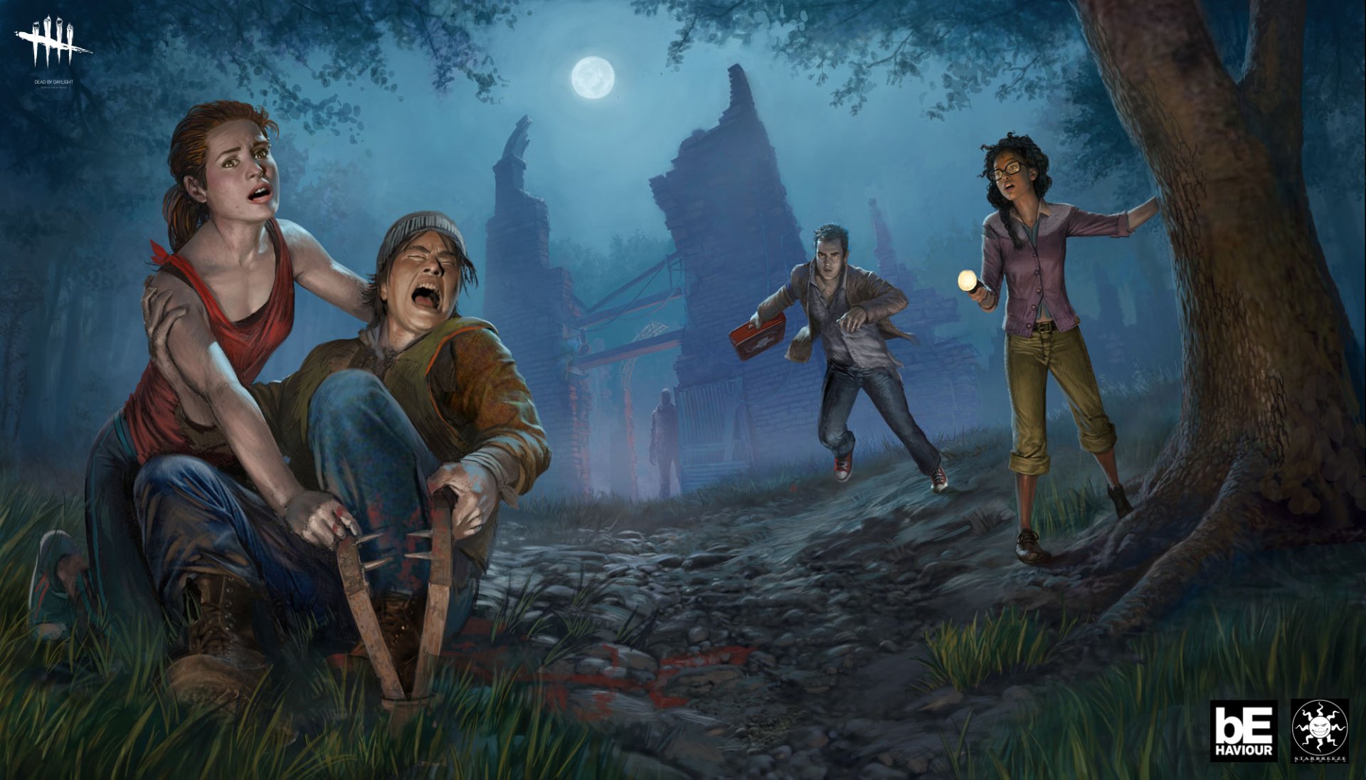 HD Dead by Daylight desktop wallpaper featuring survivors fleeing from a killer in a creepy moonlit setting.