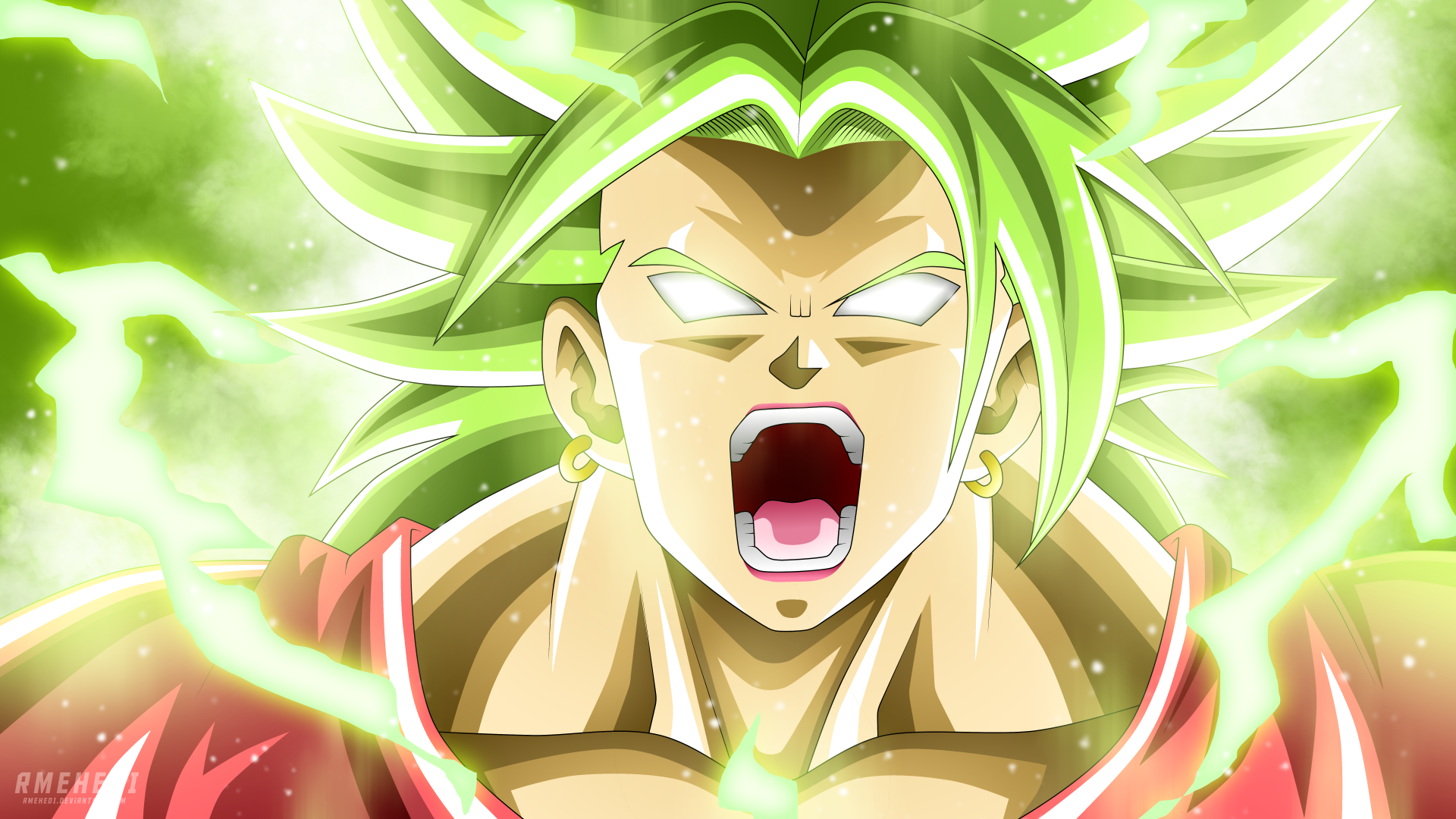 Kale from Dragon Ball Super powers up with glowing green aura in this vibrant 8K Ultra HD anime desktop wallpaper.