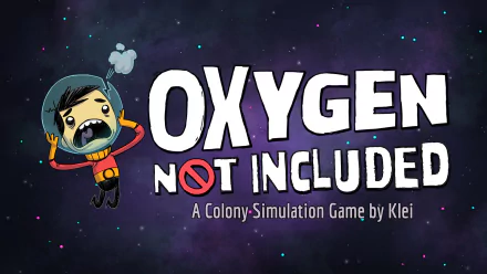 HD desktop wallpaper of Oxygen Not Included game by Klei featuring an animated character in a spacesuit against a starry backdrop.