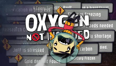 HD desktop wallpaper featuring a character from Oxygen Not Included game with thematic backgrounds and text.