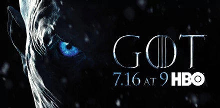 HD PC desktop wallpaper featuring a close-up of a White Walker from Game of Thrones, highlighting its icy blue eye with the show’s logo and premiere date on HBO.