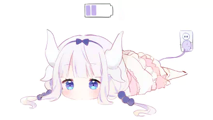 HD desktop wallpaper featuring Kanna Kamui from Miss Kobayashi's Dragon Maid with long hair, lying down with a low battery icon above her, plugged in to recharge.