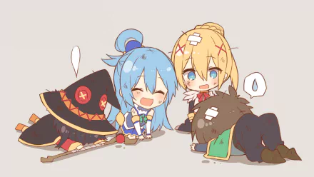 Chibi versions of Kazuma Satou, Megumin, Darkness, and Aqua from KonoSuba - God's Blessing on This Wonderful World! sharing a cute moment. This is a HD anime wallpaper and background.