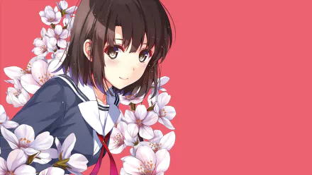 An HD desktop wallpaper featuring Megumi Katō from the anime Saekano: How to Raise a Boring Girlfriend, set against a red background with cherry blossoms.