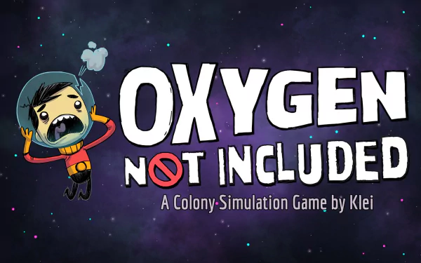 HD desktop wallpaper of Oxygen Not Included game by Klei featuring an animated character in a spacesuit against a starry backdrop.