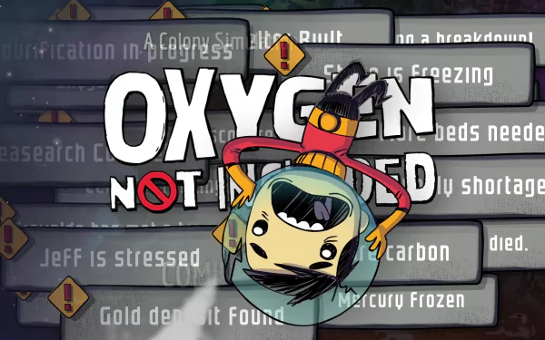 HD desktop wallpaper featuring a character from Oxygen Not Included game with thematic backgrounds and text.