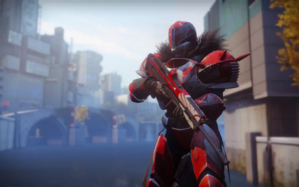 High-resolution 8K Destiny 2 wallpaper featuring a warrior clad in detailed armor, wielding a futuristic weapon in an urban environment.