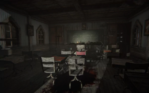 HD desktop wallpaper featuring a dark, eerie classroom scene from the video game Outlast 2, with broken desks, scattered papers, and a blood-stained floor.