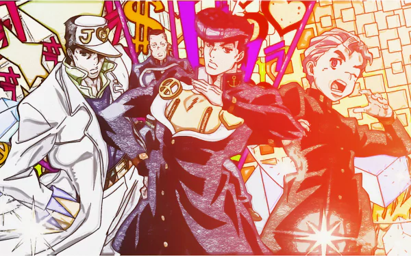 HD PC desktop wallpaper of JoJo's Bizarre Adventure featuring Jotaro Kujo, Josuke Higashikata, Koichi Hirose, and Okuyasu Nijimura in a bold, colorful anime composition.