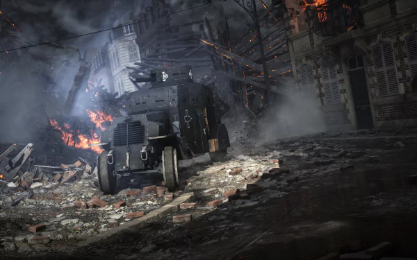 An intense Battlefield 1 scene featuring a military vehicle navigating a fiery, war-torn urban battlefield, rendered in 8K Ultra HD for PC desktop wallpaper.