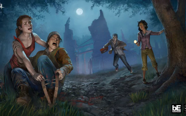 HD Dead by Daylight desktop wallpaper featuring survivors fleeing from a killer in a creepy moonlit setting.