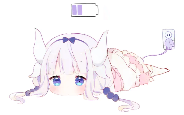 HD desktop wallpaper featuring Kanna Kamui from Miss Kobayashi's Dragon Maid with long hair, lying down with a low battery icon above her, plugged in to recharge.