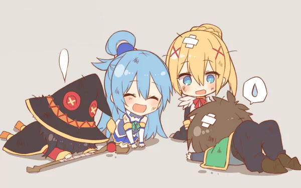 Chibi versions of Kazuma Satou, Megumin, Darkness, and Aqua from KonoSuba - God's Blessing on This Wonderful World! sharing a cute moment. This is a HD anime wallpaper and background.