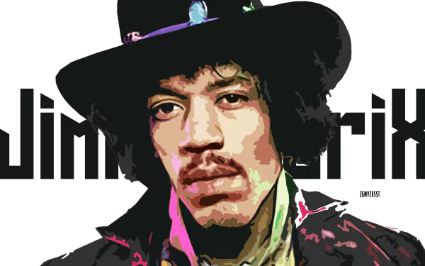 HD desktop wallpaper featuring a stylized portrait of Jimi Hendrix, the iconic rock musician, set against a graphic background with his name.