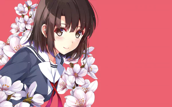 An HD desktop wallpaper featuring Megumi Katō from the anime Saekano: How to Raise a Boring Girlfriend, set against a red background with cherry blossoms.