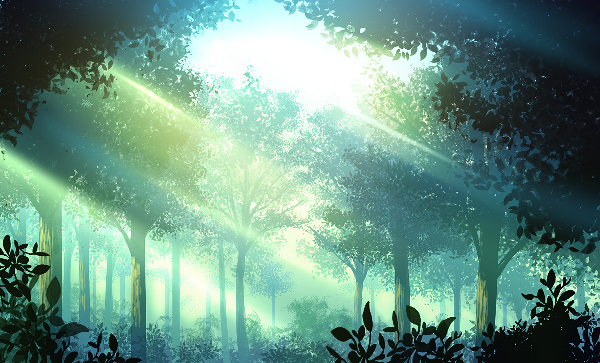 A serene anime-style forest scene with light rays filtering through the trees. This HD desktop wallpaper and background exudes a tranquil, ethereal atmosphere.