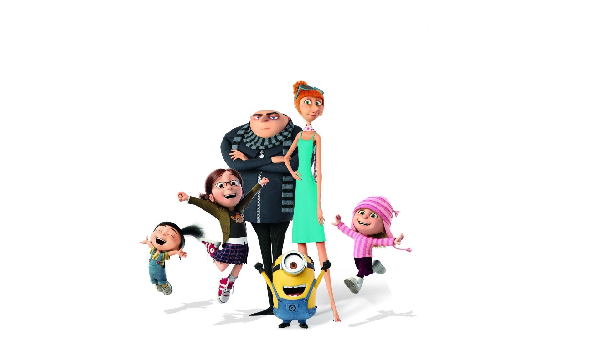 4K Ultra HD wallpaper featuring Gru, Lucy, Margo, Edith, Agnes, and a Minion from Despicable Me 3 standing together on a white background.