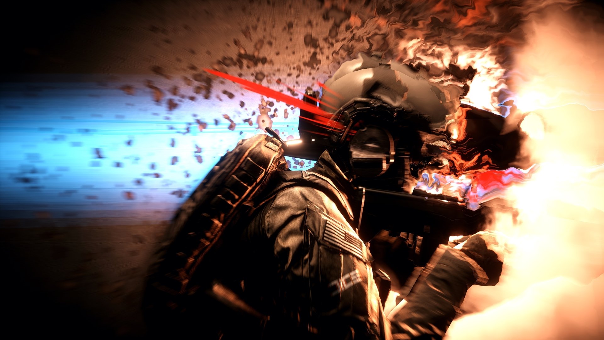 Battlefield 4 video game 5K Ultra HD PC wallpaper: soldier in combat gear amid explosions, fire, red lasers and flying debris on a blurred battlefield.
