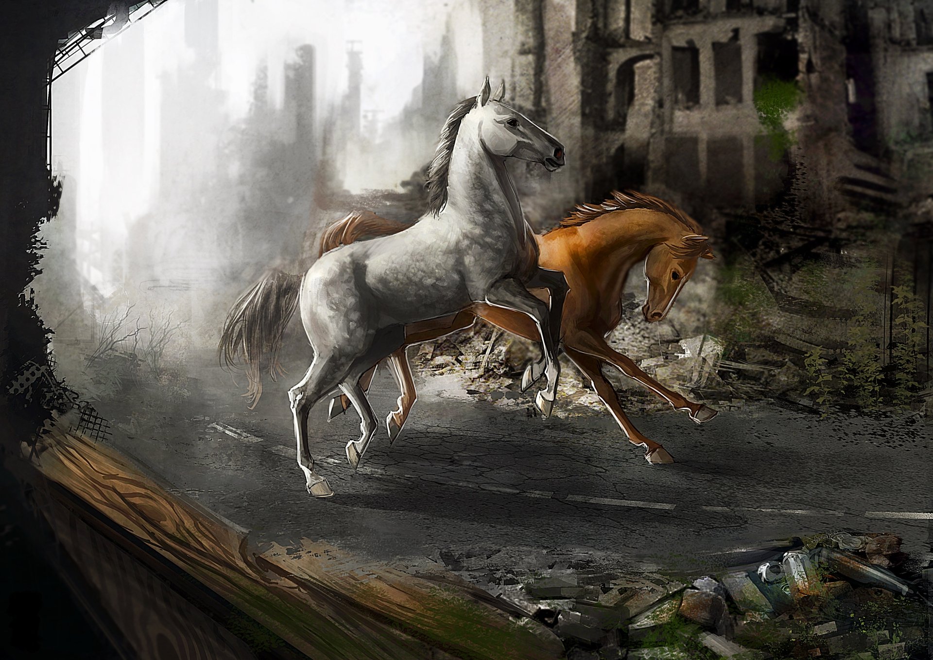 Two horses gallop through a foggy, post-apocalyptic sci-fi city with ruined buildings, depicted in a high-definition PC desktop wallpaper style.