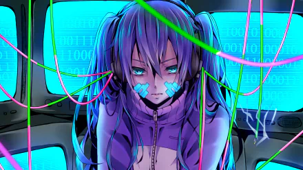 HD desktop wallpaper of Takane 'Ene' Enomoto from the Kagerou Project anime. The image depicts her surrounded by neon wires against a backdrop of digital binary code screens.