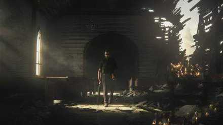 HD desktop wallpaper of Far Cry 5 featuring a dark, atmospheric scene inside a dilapidated church with a man standing amidst scattered debris and lit candles.