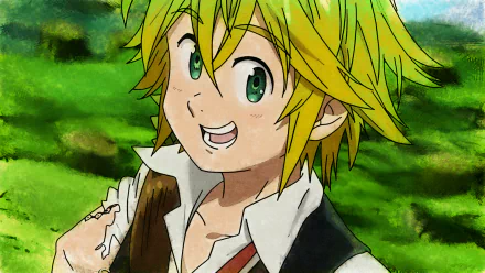HD desktop wallpaper featuring Meliodas from The Seven Deadly Sins anime, set against a vibrant green outdoor background.